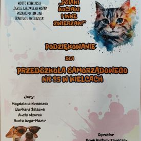 Podziekowanie za udział w konkursie plastycznym ,, Psiaki, kociaki i inne zwierzaki"