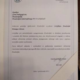 PRZYZNANIE CERTYFIKATU ,,PRZEDSZKOLE PROMUJĄCE ZDROWIE" DLA NASZEJ PLACÓWKI