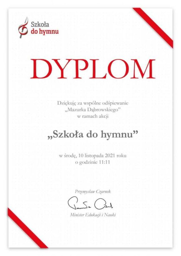 Podziękowanie za udział w akcji ,, Szkoła do hymnu"