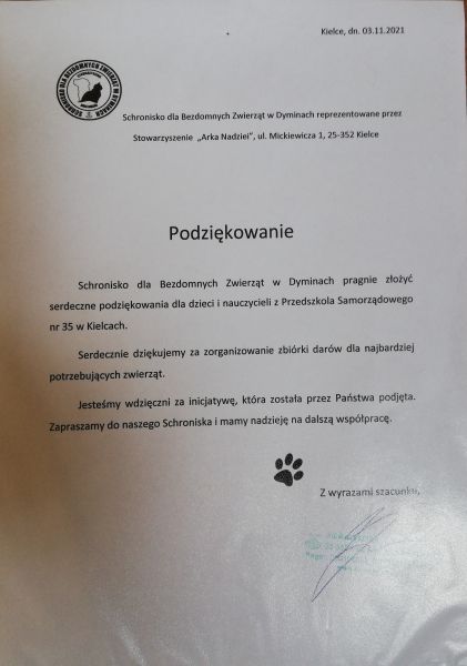 Podziękowanie ze Schroniska