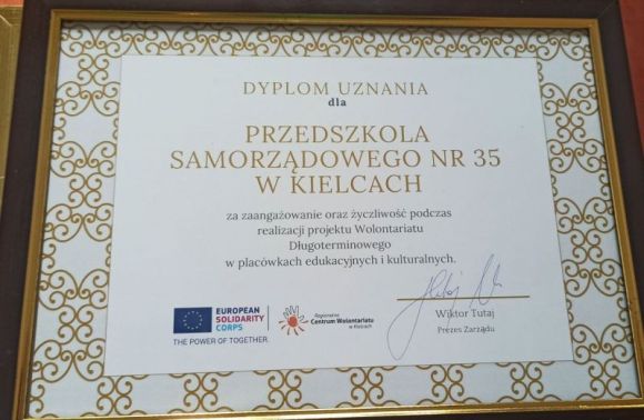 Dyplom uznania - Projekt Wolontariatu Długoterminowego