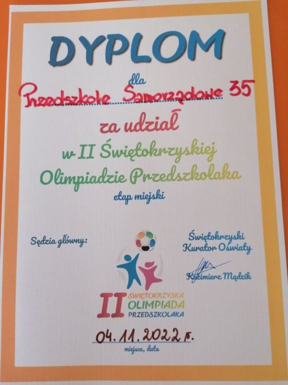DYPLOM za udział w II Świętokrzyskiej Olimpiadzie Przedszkolaka