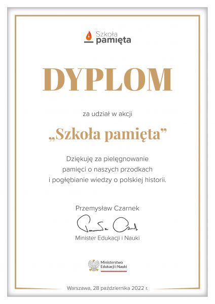 Dyplom za udział w akcji „Szkoła pamięta"