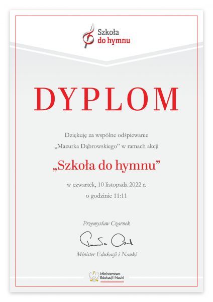 Dyplom za udział w akcji „Szkoła do hymnu”