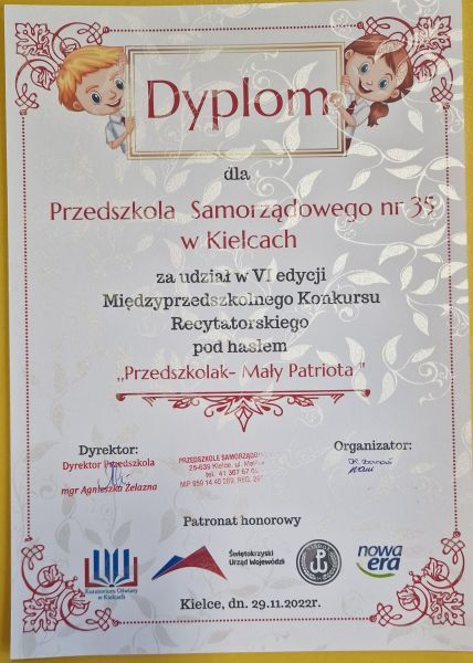 Dyplom za udział w konkursie ,,Przedszkolak- Mały Patriota"