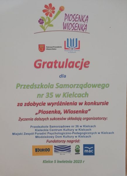 Dyplom - wyróżnienie w konkursie „Piosenka, Wiosenka"