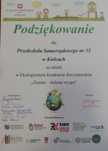 Podziękowanie za udział w konkursie „Ziemia-zielona wyspa"