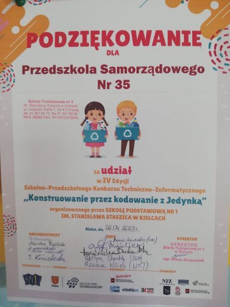 Podziękowanie za udział w konkursie "Konstruowanie przez kodowanie z Jedynką"