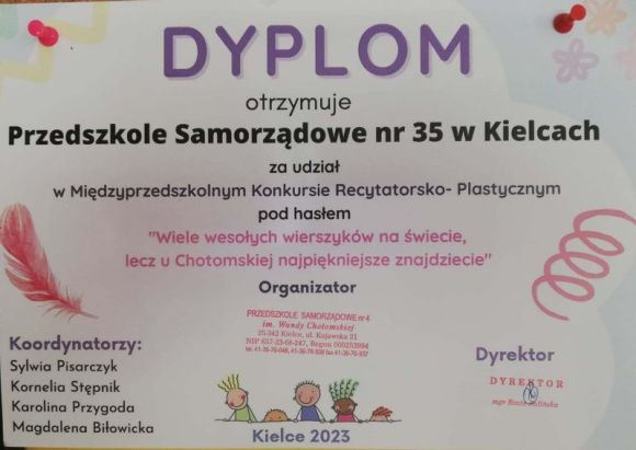 Dyplom za udział w konkursie recytatorsko- plastycznym