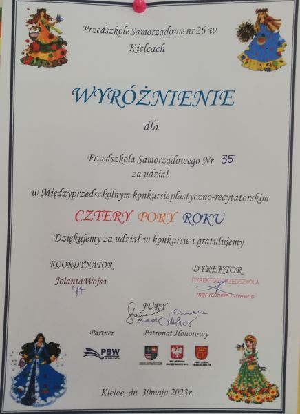 Wyróżnienie za udział w konkursie plastyczno-recytatorskim