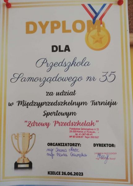 Dyplom za udział w Turnieju Sportowym "Zdrowy Przedszkolak"