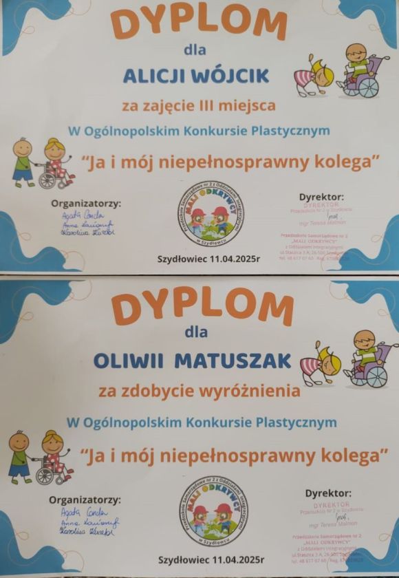  III miejsce w ogólnopolskim konkursie plastycznym pt. „Ja i mój niepełnosprawny kolega”.