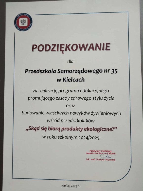 Dyplom za udział w programie ,, Skąd się biorą produkty ekologiczne?".
