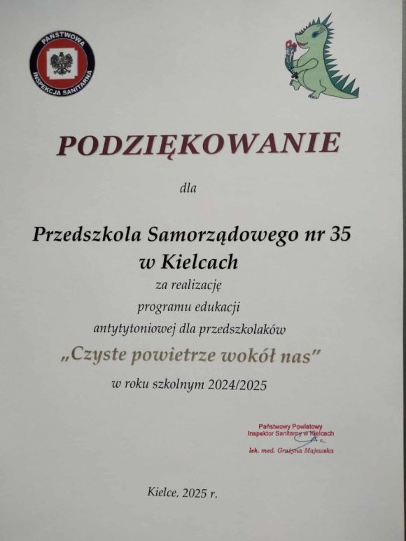 Dyplom za udział w programie ,, Czyste powietrze wokół nas".
