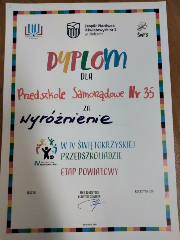 Wyróżnienie w IV Świętokrzyskiej Przedszkoliadzie