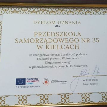 Dyplom uznania - Projekt Wolontariatu Długoterminowego 