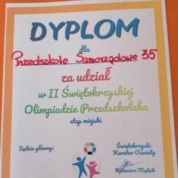 DYPLOM za udział w II Świętokrzyskiej Olimpiadzie Przedszkolaka