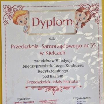Dyplom za udział w konkursie ,,Przedszkolak- Mały Patriota"