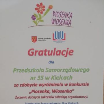 Dyplom - wyróżnienie w konkursie „Piosenka, Wiosenka"