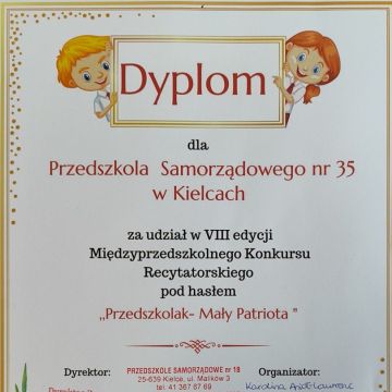 Dyplom za udział w konkursie recytatorskim ,, Przedszkolak- Mały Patriota"