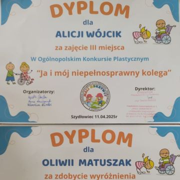 III miejsce w ogólnopolskim konkursie plastycznym pt. „Ja i mój niepełnosprawny kolega”.