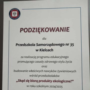Dyplom za udział w programie ,, Skąd się biorą produkty ekologiczne?".