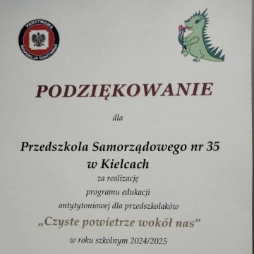 Dyplom za udział w programie ,, Czyste powietrze wokół nas".