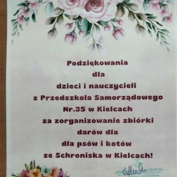 Dyplom w  akcji charytatywnej na rzecz potrzebujących zwierząt ze schroniska