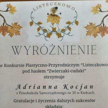  Wyróżnienie w konkursie plastycznym ,,Listeczkowo"