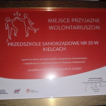 Przedszkole Samorządowe nr 35 z certyfikatem miejsca przyjaznego wolontariuszom!